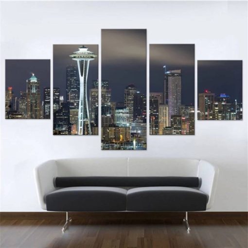 Seattle Wall art, Cityscape Wall Decor for Office, Modern 5 piece Canvas Print, City Lights Multi Panel Set, City View Poster, Skyline Mural