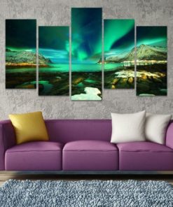 Aurora Borealis Canvas Art, Aurora Borealis Wall Art, Aurora Borealis by The Water Multi Panel, Prints Set, Landscape Painting, Green Decor
