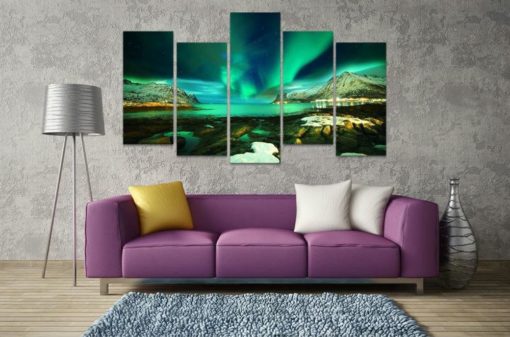 Aurora Borealis Canvas Art, Aurora Borealis Wall Art, Aurora Borealis by The Water Multi Panel, Prints Set, Landscape Painting, Green Decor