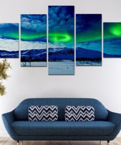 Aurora Borealis Wall Art, Aurora Borealis Canvas Art, Blue Aurora Borealis 5 Piece Canvas Print, Aurora Borealis Landscape Decor, Framed