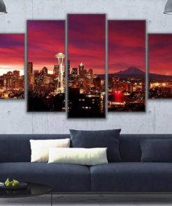 Seattle 5 Piece Canvas Print, American Wall Art, Red Skyline Painting, Multi Panel City View, Cityscape Wall Decor, Office Decor, Canvas Art