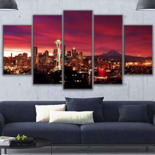 Seattle 5 Piece Canvas Print, American Wall Art, Red Skyline Painting, Multi Panel City View, Cityscape Wall Decor, Office Decor, Canvas Art