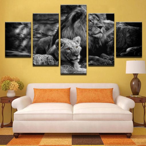 Lion Wall Art, Lion Canvas Art, Lion Wall Decor, Lion and Lioness Black and White 5 Piece Canvas Print, Lion Framed Canvas Art