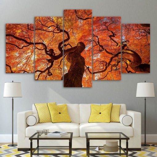 Tree Canvas Art, Tree Wall Art, Tree 5 Piece Canvas Print, Fall Tree Wall Decor, Orange tree Canvas, Framed