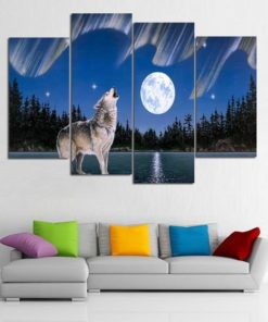 Wolf Howl Wall Art, Wolf Howl Wall Decor, Moon Wall Art,5 Pioece Canvas, Wolf Canvas Art, Wolf Canvas Print, Moon Canvas Art, Moon Painting