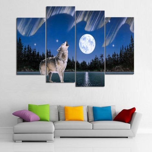 Wolf Howl Wall Art, Wolf Howl Wall Decor, Moon Wall Art,5 Pioece Canvas, Wolf Canvas Art, Wolf Canvas Print, Moon Canvas Art, Moon Painting