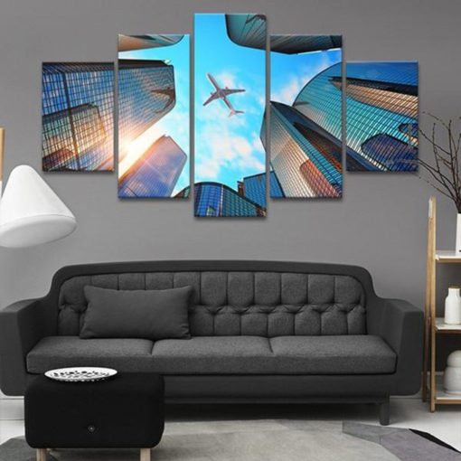Skyscrapper Wall Art, SkyScrapper Canvas Print, Wall Decor Set, Airplane Wall Art, Airplane Wall Decor, City Wall Art, Cityscape Painting