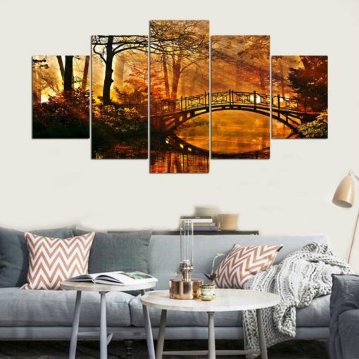 Fall Wall Art, Fall Wall Decor, Bridge River Wall Art, Lakeside Wall Decor, Leafs Painting, Warm Wall Decor, Warm Painting, Large Framed