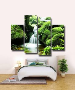 Waterfall In Green Forest Wall Art Canvas Paintings in 1-3-4-5 Panels. A decor, design for your interior house, office...
