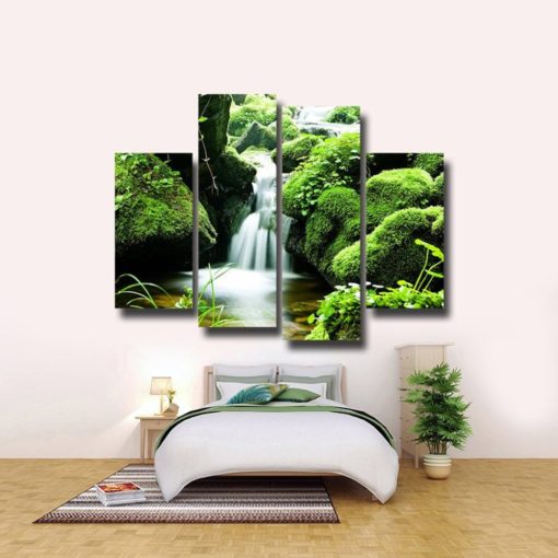 Waterfall In Green Forest Wall Art Canvas Paintings in 1-3-4-5 Panels. A decor, design for your interior house, office...
