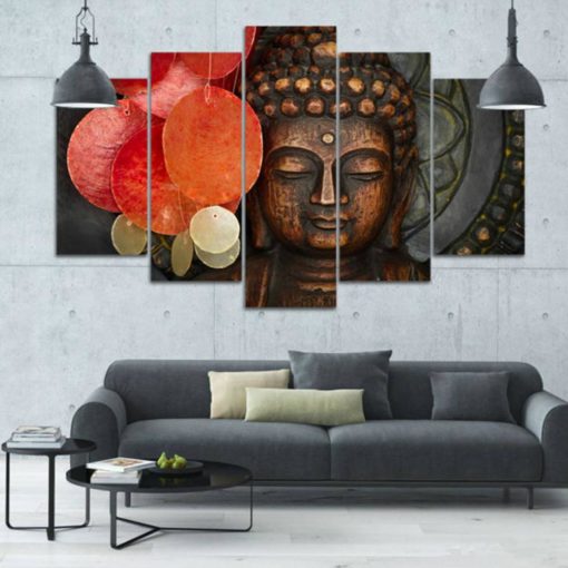 Buddha Wall Art, Buddha Canvas Art, Buddha Wall Decor, Orange Buddha 5 Piece Canvas Print, Framed