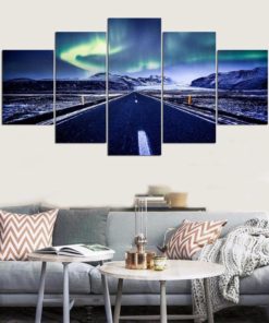 Aurora Borealis Wall Art, Northen Lights Wall Art, Landscape Wall Art, Aurora Borealis Road 5 Piece Canvas Print, Multi Panels Painting