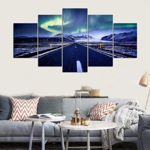 Aurora Borealis Wall Art, Northen Lights Wall Art, Landscape Wall Art, Aurora Borealis Road 5 Piece Canvas Print, Multi Panels Painting