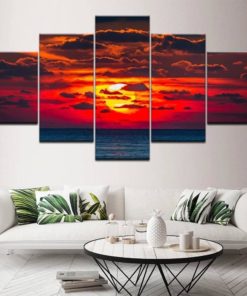 Beach Decor, Sunset Sea Painting, Wall Art, Red, Seascape, Sunset Canvas Print, Sunset and Sea wall Art, Sunset Multi Panels Print, Framed