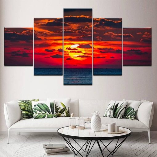 Beach Decor, Sunset Sea Painting, Wall Art, Red, Seascape, Sunset Canvas Print, Sunset and Sea wall Art, Sunset Multi Panels Print, Framed
