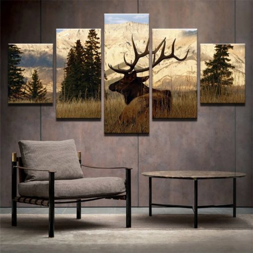 Elk Wall Art, Mountain Canvas Art, Deer Wall Decor, Large Canvas Set, Framed Poster, Split Canvas, Multi Panel, Home Decor, Nature Painting