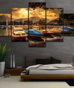 Sunset Wall Art, Boat Canvas Art, Marina Wall Decor, Port Large Canvas Set, Multi Panel, Split Canvas, Lake Painting, Framed Poster, Gift