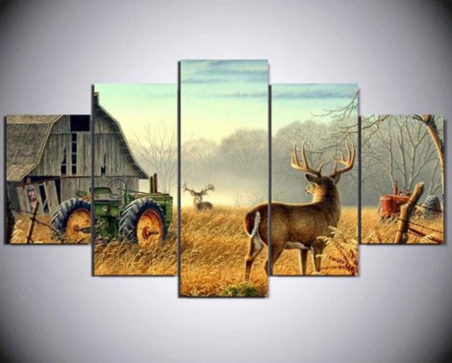 5 Pieces Forest Deer In The Field Canvas