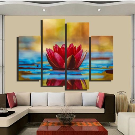 Water Lily Wall Art Canvas Paintings in 1-3-4-5 Panels. A decor & design for your interior house, office...