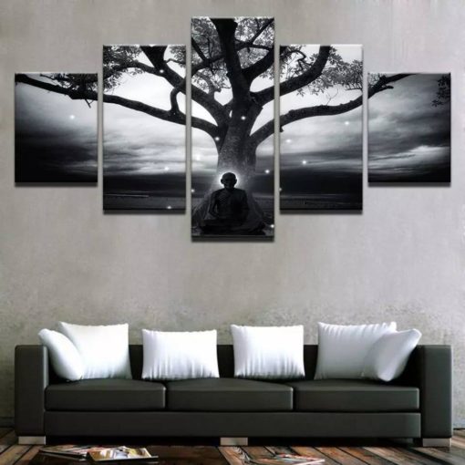 Buddha Meditation Wall Art, Buddha Painting, Buddha Wall Decor, Tree Canvas Art, Meditation Mural, Split Panels, Framed