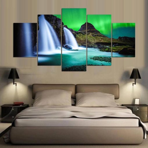 Aurora Borealis Wall Art, Aurora Borealis Canvas Art, Aurora Borealis Landscape Waterfall  5 Piece Canvas Print,  Aurora Borealis Painting