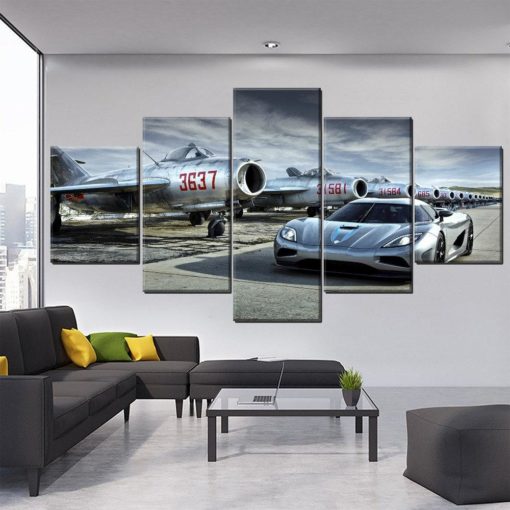 Koenigsegg Agera and MIG 15 Wall Decor, Wall Decor, Canvas Art, Canvas Print, Multi Panel, Larger Canvas Set, Framed Poster, Split Canvas