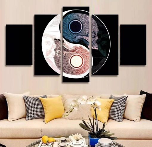 Yin and Yang Wall Art, Yin and Yang Wall Decor, Skull Canvas Art, Skull Painting, Black and White Decor, Multi Panel Canvas Print, Framed