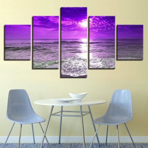 Beach Wall Art, Purple Painting, Seascape Canvas Set, 5 Piece Canvas Art, Ocean Sea Print, Living Room Decor, Seaview Picture