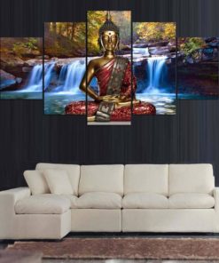 Buddha Canvas Art, Buddha Wall Art, Buddha Waterfalls 5 Piece Canvas Print, Buddha Wall Decor, Relaxation Wall Art, Framed