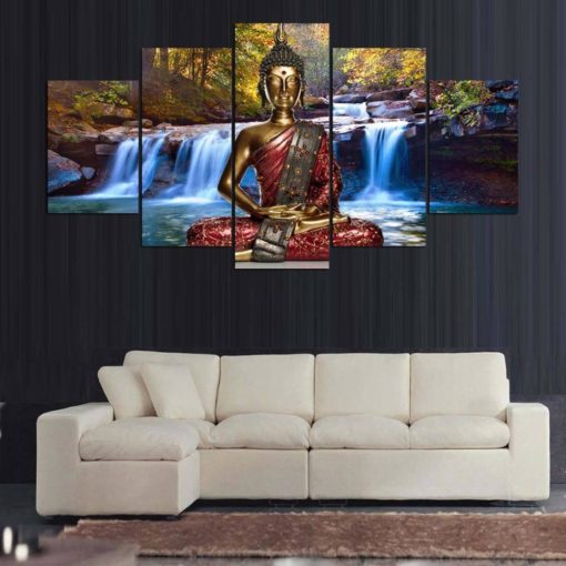 Buddha Canvas Art, Buddha Wall Art, Buddha Waterfalls 5 Piece Canvas Print, Buddha Wall Decor, Relaxation Wall Art, Framed
