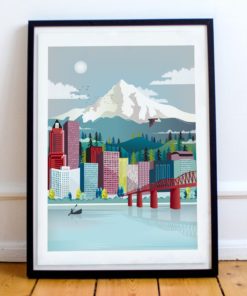 Portland Print | Oregon Wall Art | Portland Skyline | Mount Hood | Travel Poster