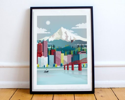 Portland Print | Oregon Wall Art | Portland Skyline | Mount Hood | Travel Poster