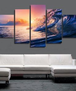 Beach Wall Art, Wave Canvas Art, Sunset Wall Decor, Beach Wave 5 Piece Canvas Print, Beach Sunset Photo, Sea Wall Art, Ocean Art, Framed
