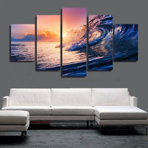 Beach Wall Art, Wave Canvas Art, Sunset Wall Decor, Beach Wave 5 Piece Canvas Print, Beach Sunset Photo, Sea Wall Art, Ocean Art, Framed