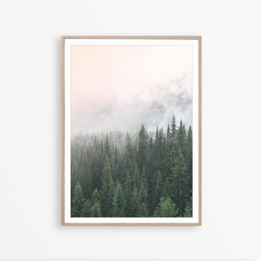 Foggy Forest Print Large Wall Art Nature Art Modern Wall Art Scandinavian Print Forest Wall Art Blush Pink Wall Art Green and Pink Print Art
