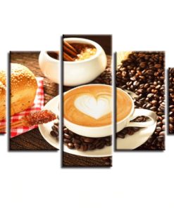 5 Pieces Framed Morning Heartful Coffee Latte w/ Italian Bread Canvas