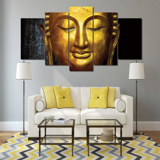 Buddha Canvas Art, Golden Wall Art, 5 piece Large Canvas Print, 5 panels Wall Decor, Painting, Buddha canvas Print, Buddhism