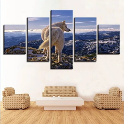 Wolf Canvas Art, Wolf Wall Art,White Wolf, Wolf in the Mountains 5 Piece Canvas Print, Wolf Framed Canvas Art