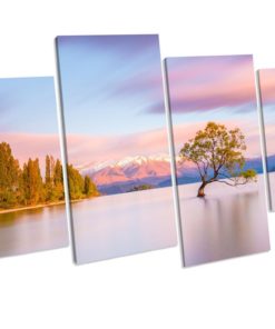 Wanaka Tree Lake Sunset New Zealand Picture 4 panel Canvas Art Print