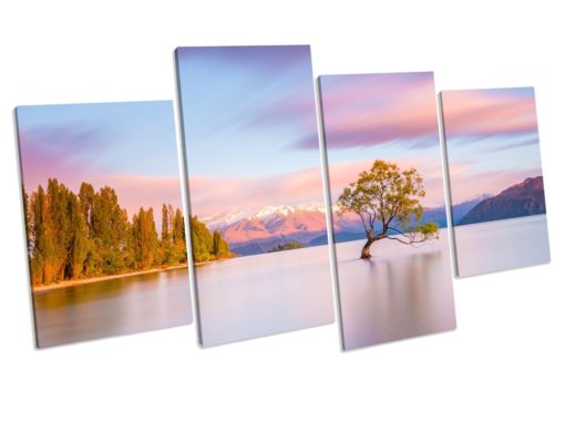 Wanaka Tree Lake Sunset New Zealand Picture 4 panel Canvas Art Print