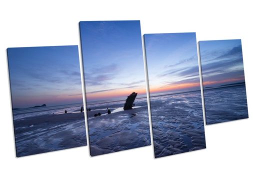 Rhossili Bay Wales Sunset CANVAS WALL ART 4 Panel Picture Print