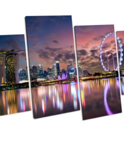 Singapore Skyline At Night 4 Panel Box Framed Canvas picture Print