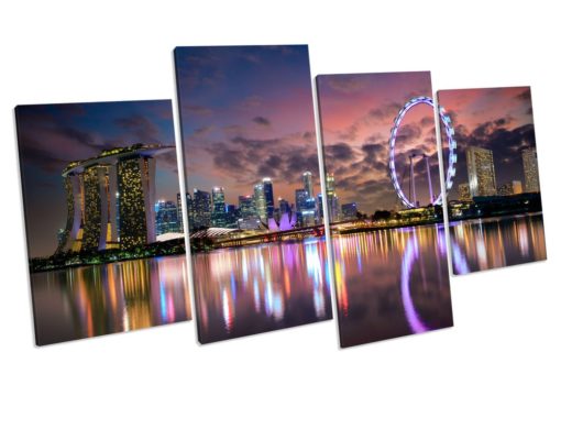 Singapore Skyline At Night 4 Panel Box Framed Canvas picture Print