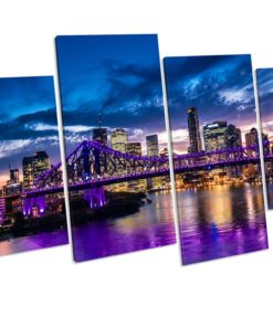 Brisbane Skyline Purple Sunset 4 Panel Box Framed Canvas picture Print