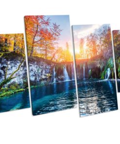 Waterfall Autumn Landscape 4 Panel Box Framed Canvas Art picture Print