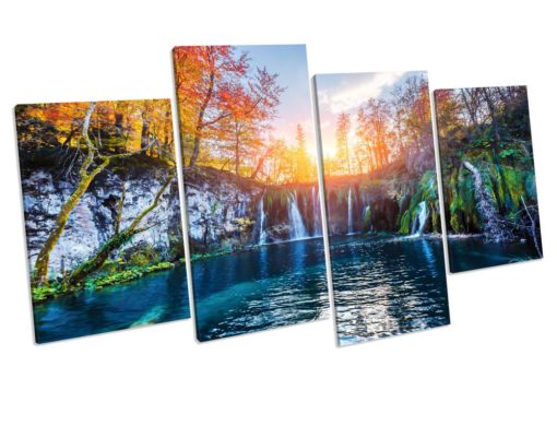 Waterfall Autumn Landscape 4 Panel Box Framed Canvas Art picture Print