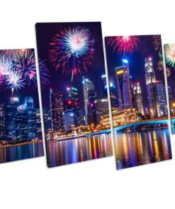 Singapore At Night 4 Panel Box Framed Canvas Art picture Print