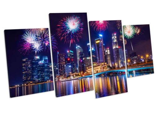 Singapore At Night 4 Panel Box Framed Canvas Art picture Print