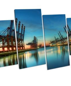 Hamburg Port Sunset 4 Panel Box Framed Canvas Art picture Print