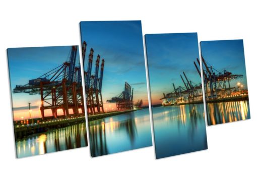 Hamburg Port Sunset 4 Panel Box Framed Canvas Art picture Print
